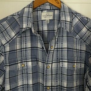 Lucky Brand Mens Size M Short Sleeve Pearl Snap Button Down Plaid Shirt